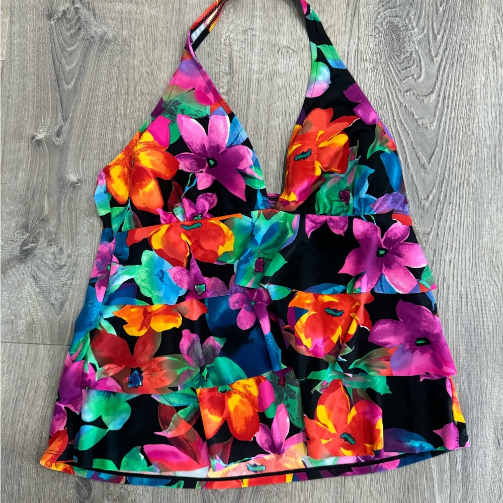 Caribbean Joe Swim Top Triple Tier Black Floral Print